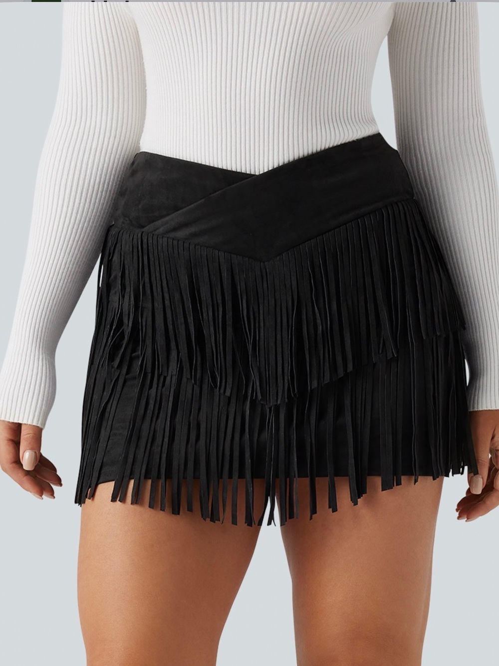 Fringe Suede Mini Skort - Black